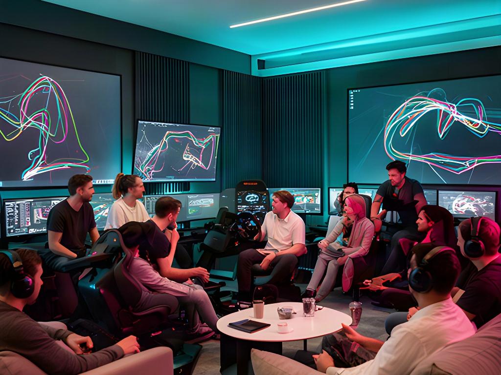 Simracers vergelijken rondetijden op meerdere schermen in een moderne lounge