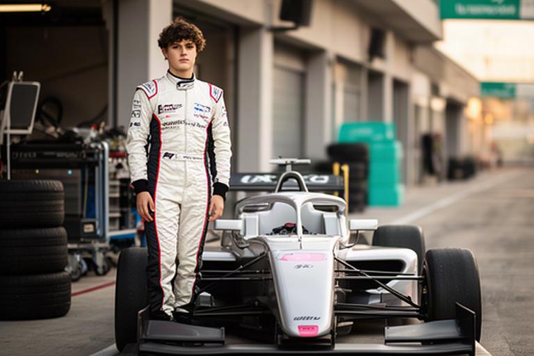 Junior coureur naast een Formule 4-auto in de pitstraat na een testdag